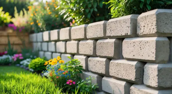En mur av natursten som ramar in en blomstrande trädgård. Stenarna ger en stabil och vacker grund för rabatterna.