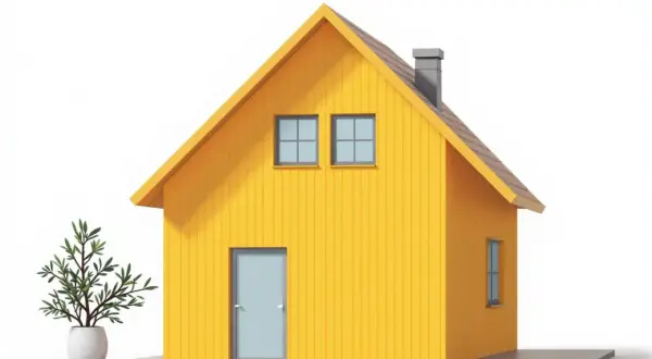 Ett gult, färdigt hus med skorsten och två fönster på övervåningen. En grön växt i en vit kruka står bredvid.