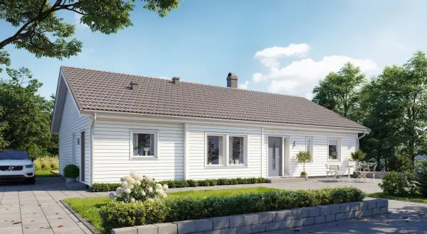 Ett modernt vitt enplanshus med grå takpannor, en bil parkerad på uppfarten och en uteplats. Drömmer du om ett liknande hus? Undrar du vad kostar en arkitekt?