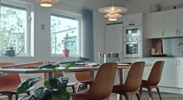 Ett ljust kontorsutrymme med köksdel. Bord med stolar, fönster med växter. Tänk på byggkostnad per kvadratmeter kontor vid inredning.