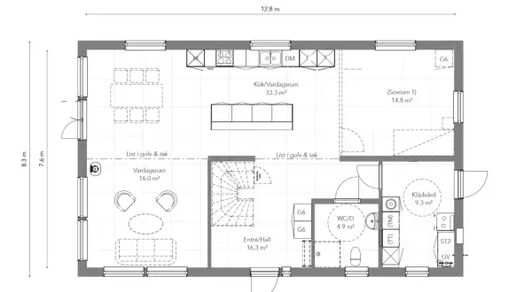 Plan i hus med kök, vardagsrum, sovrum, hall, WC/D och klädvård. Mått angivna.