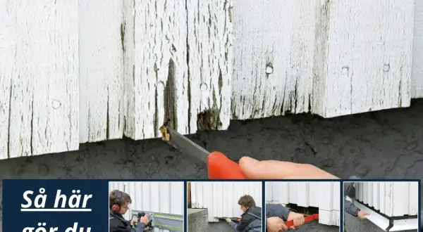Montering av dropplist fasad. Bilden visar steg för steg hur man installerar en dropplist för att skydda fasaden.