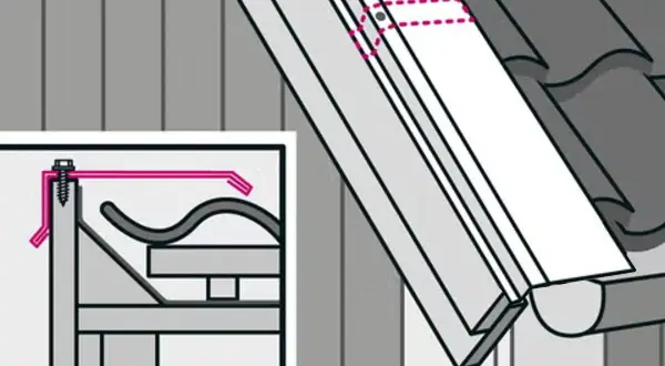 Detaljerad illustration visar hur man byter vindskivor. En närbild visar fästmetoden med skruv och en rosa linje som markerar monteringen.