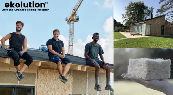 Byggnadsarbetare på taket av ett hus under uppbyggnad, med en kran i bakgrunden. En bild visar ett modernt trähus, och en annan visar ett block av hampa material som hålls i handen.