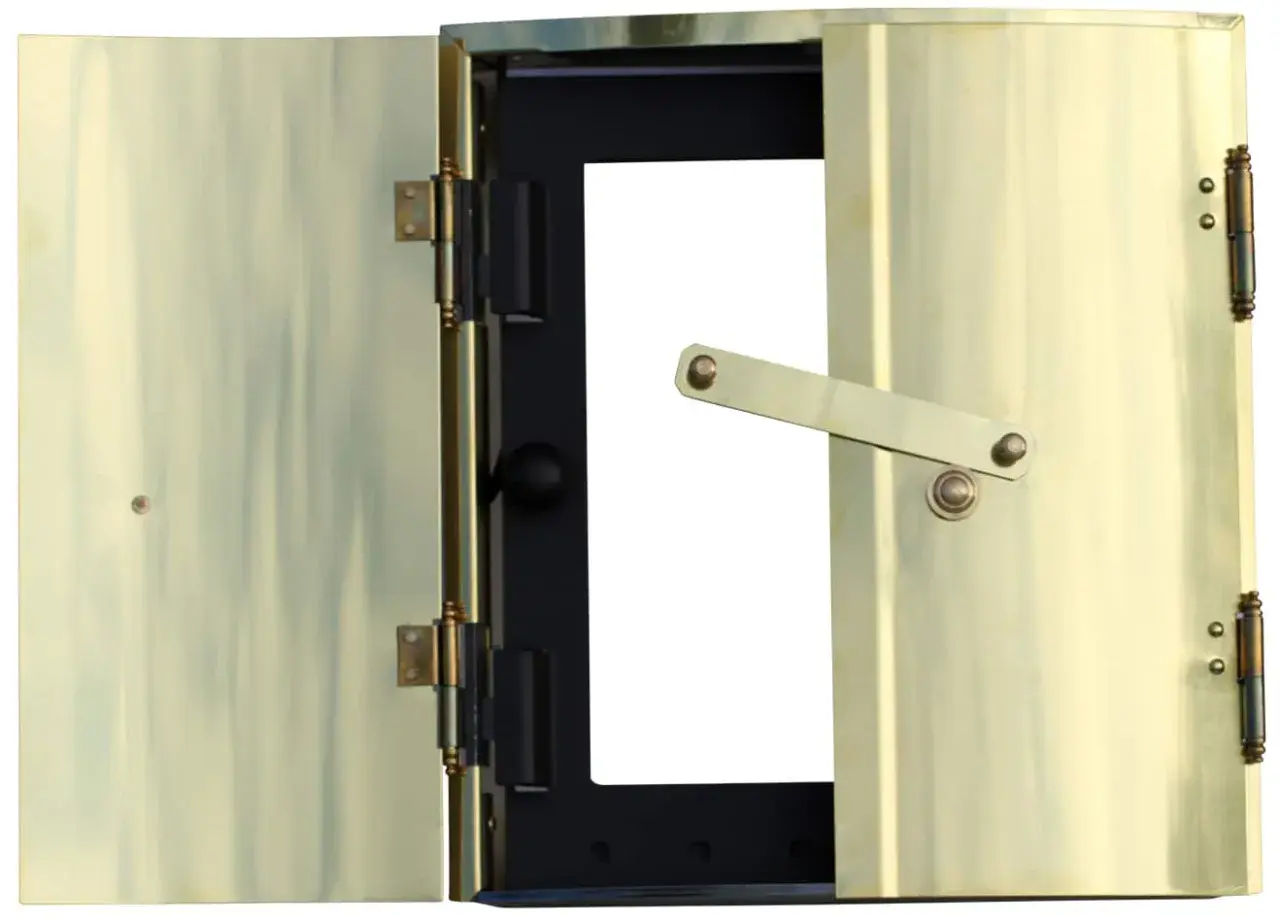 Brass doors of a fireplace insert, one open, showing a black interior with a white opening.