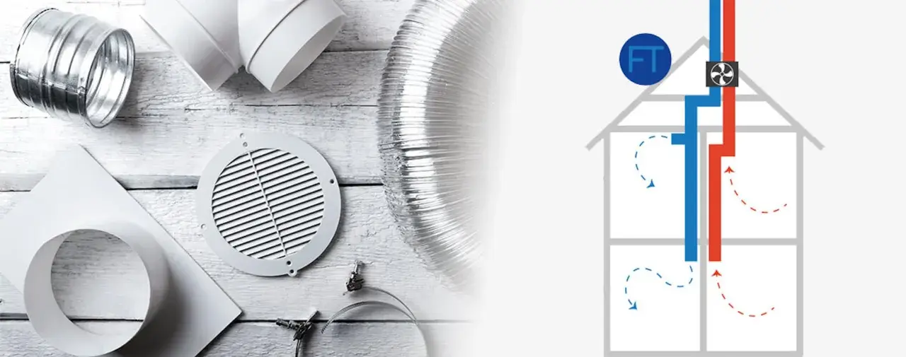 Delar för att installera frånluftsventil: ventilationsrör, ventilationsgaller och en schematisk bild av ett hus med ventilationssystem.