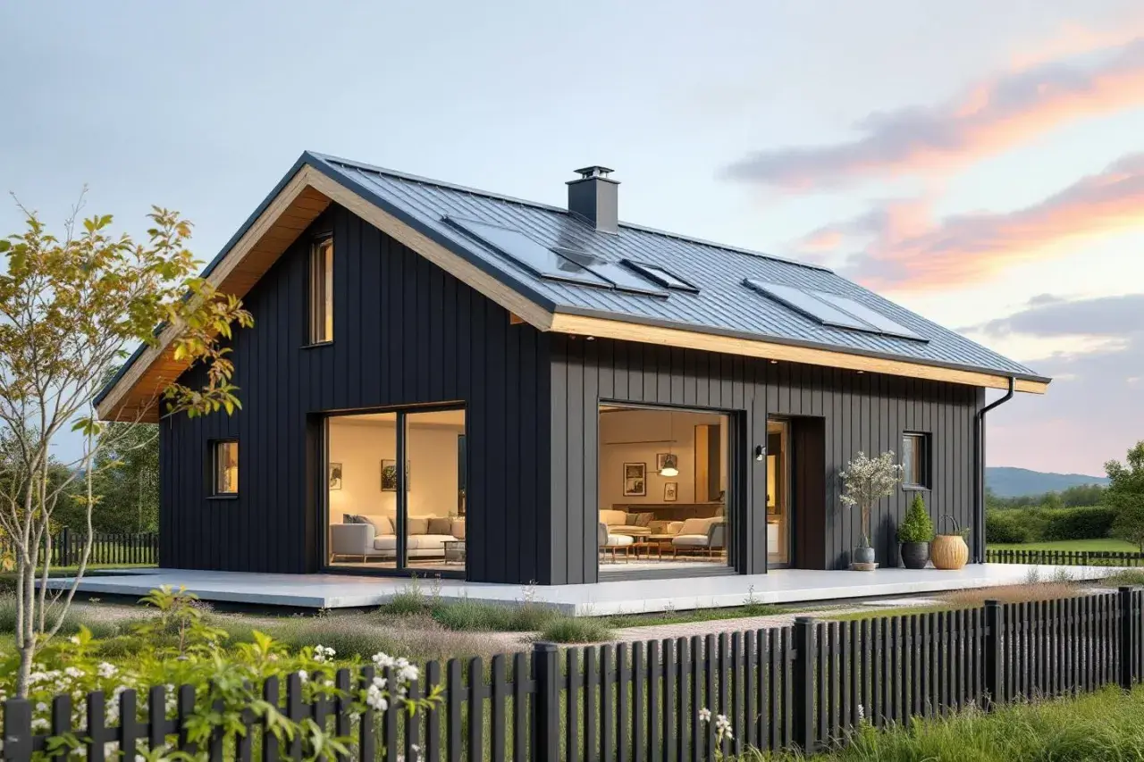 Modernt mörkt hus med stora fönster och altan. Drömmer du om att bygga hus? Undrar du vad kostar det att bygga hus per kvm?