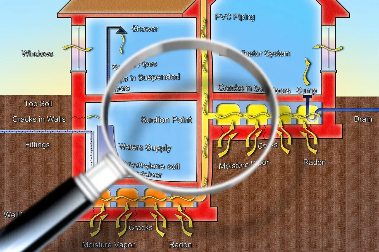 Ventilationsritning exempel som visar hur radon och fukt ventileras bort från ett hus.