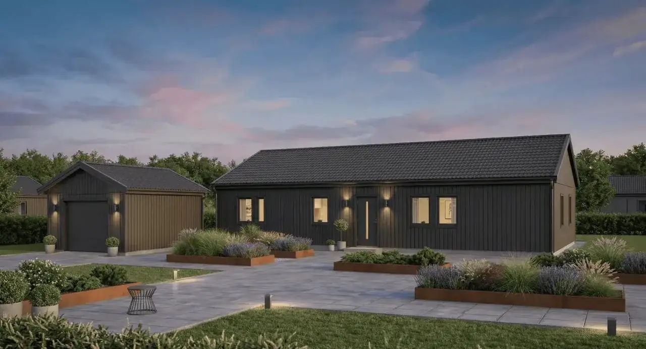 Modernt mörkt enfamiljshus med garage. Vacker trädgård med rabatter. En bra start för att planera bygga villa kostnad.