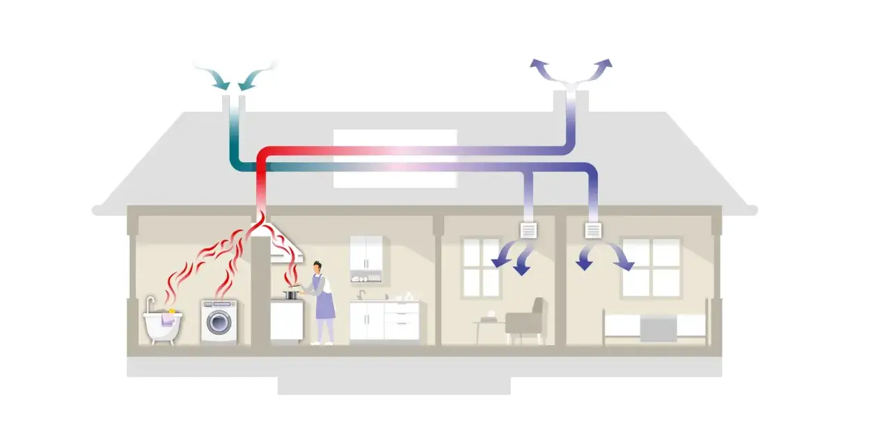 Illustration av ett hus med olika ventilationssystem. Värme från kök och badrum leds ut, medan frisk luft tillförs till rummen.