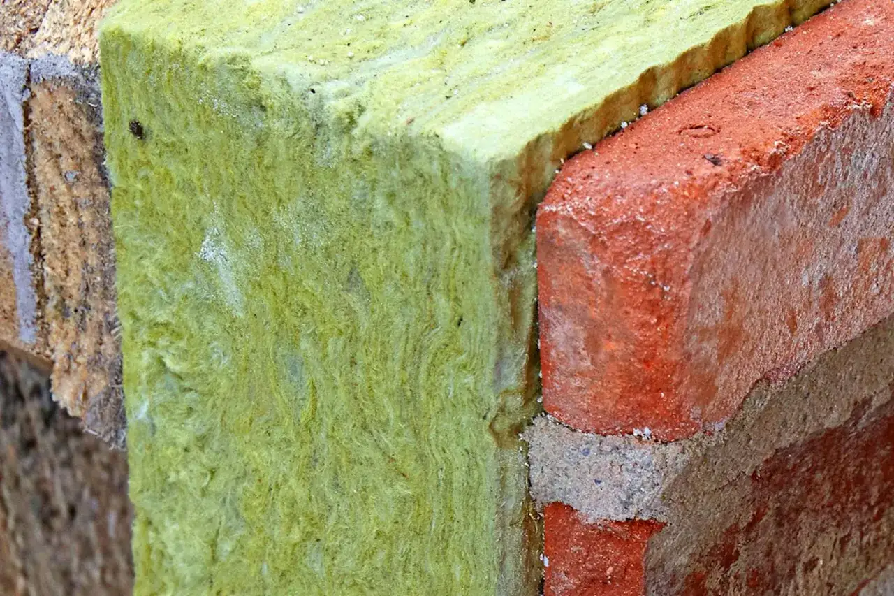 Detaljbild av en putsad fasad konstruktion med isolering och tegel.