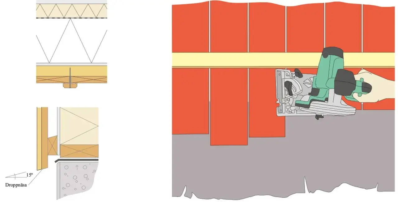 Detaljerad illustration av hur en dropplist fasad monteras. En hand anv&auml;nder en cirkels&aring;g f&ouml;r att kapa material vid fasaden.