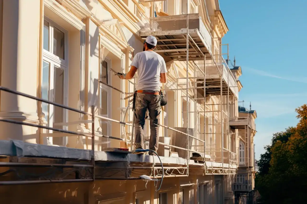Arbetare p&aring; st&auml;llning putsar fasaden p&aring; ett hus som ska byggas om. Solen lyser p&aring; den gula byggnaden.