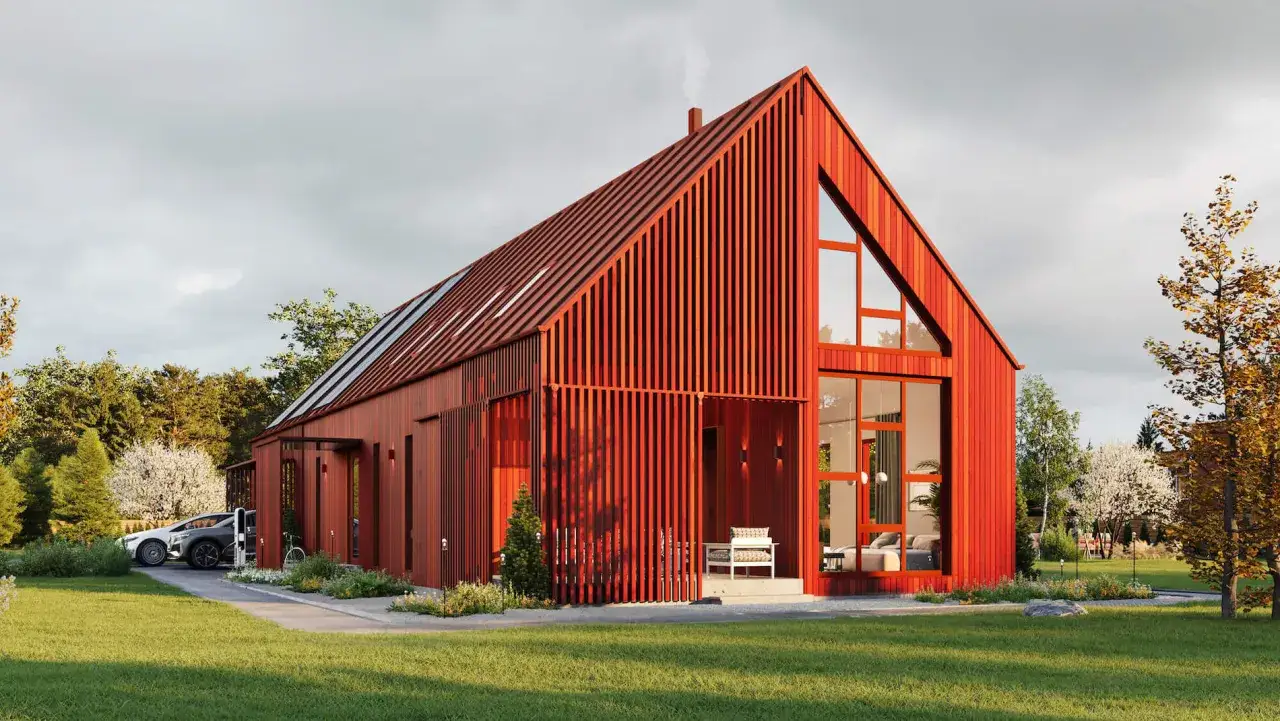 Modernt r&ouml;tt tr&auml;hus med stora f&ouml;nster och carport. Undrar du vad kostar en arkitekt f&ouml;r ett s&aring;dant dr&ouml;mhus?