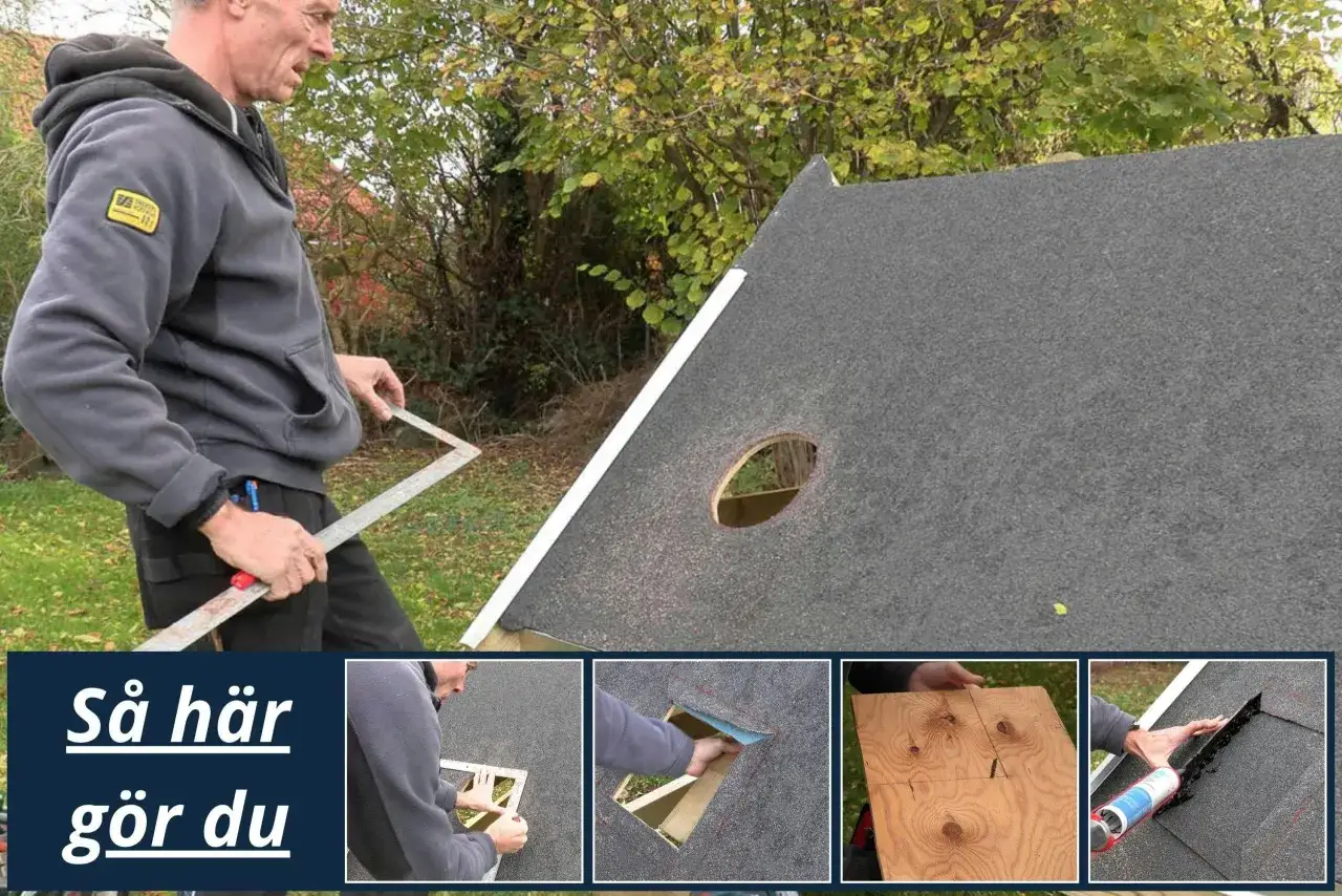 Man lägger takpapp runt skorsten. En guide visar hur man gör.