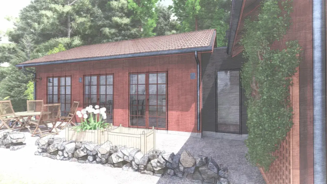 En mysig uteplats med tr&auml;dg&aring;rdsm&ouml;bler och blommor, intill ett r&ouml;tt hus med stora f&ouml;nster. En glasg&aring;ng mellan husen skapar en modern k&auml;nsla.
