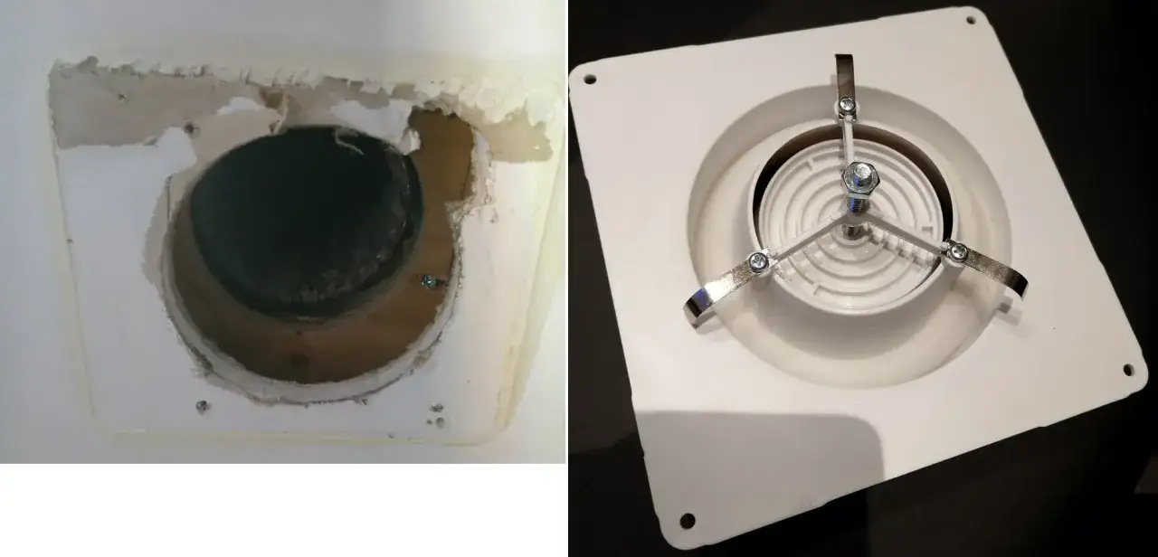 Förberedelse för att installera frånluftsventil: ett hål i taket med synlig ventilationskanal och en ny, vit ventilationsfläkt med fästen.