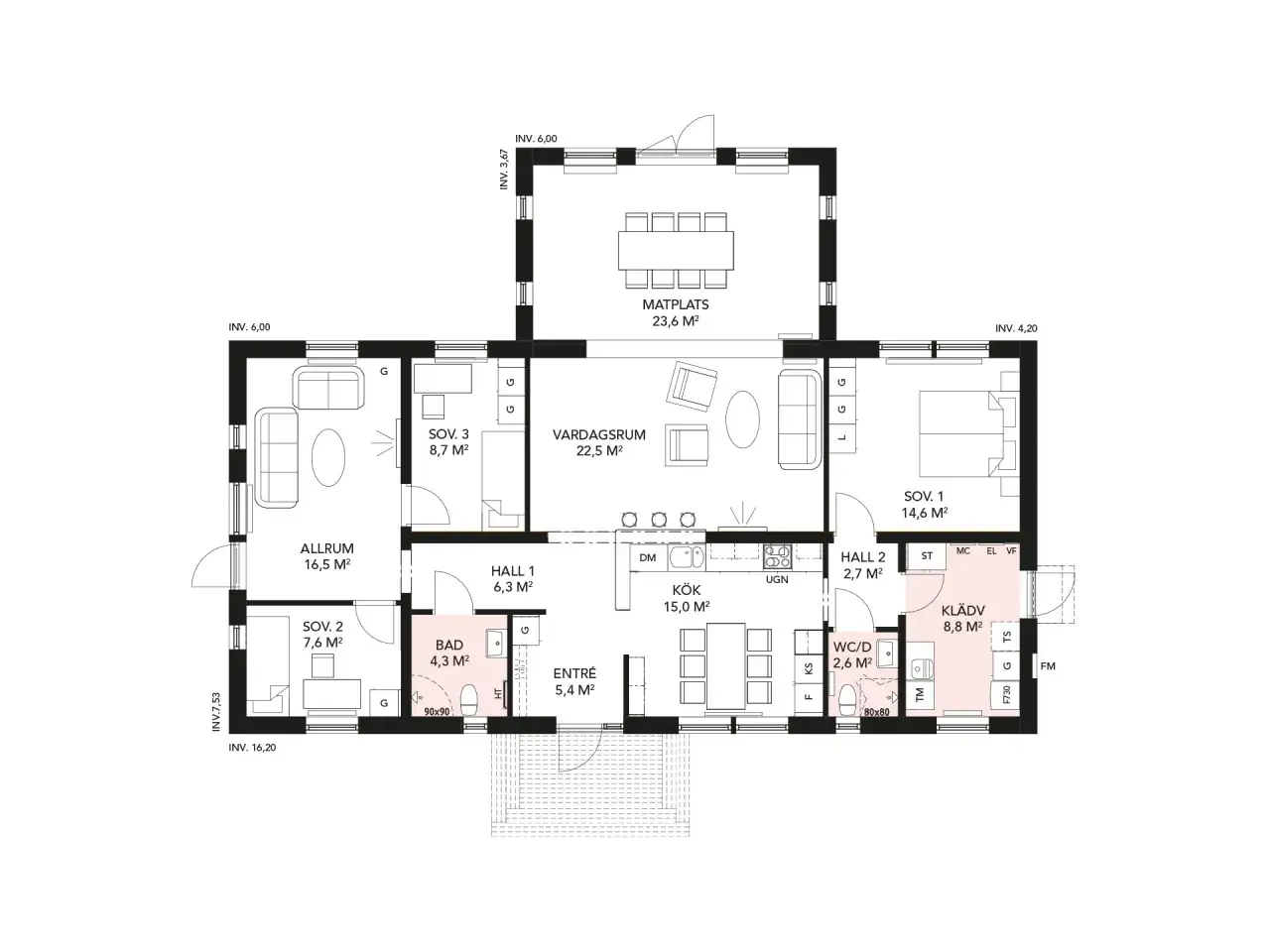 Plan i hus med vardagsrum, kök, matplats, tre sovrum, badrum, WC/D, klädvård och entré.
