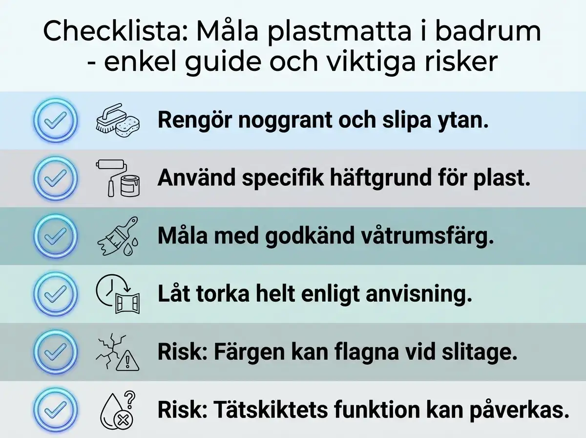 Checklista för att måla plastmatta i badrum: rengör, använd häftgrund, våtrumsfärg, torka. Risk för flagning och påverkan på tätskikt.