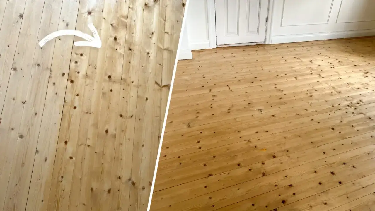 F&ouml;re och efter-bild p&aring; ett tr&auml;golv som f&aring;tt ny fernissa. Den gamla, slitna ytan har ersatts av en varm och skyddande finish.