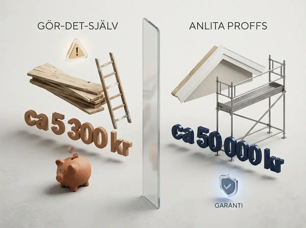 Jämförelse av att byta vindskivor själv med material och stege för ca 5300 kr, eller anlita proffs för ca 50 000 kr med garanti.