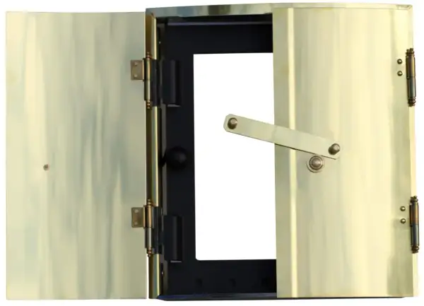 Brass doors of a fireplace insert, one open, showing a black interior with a white opening.