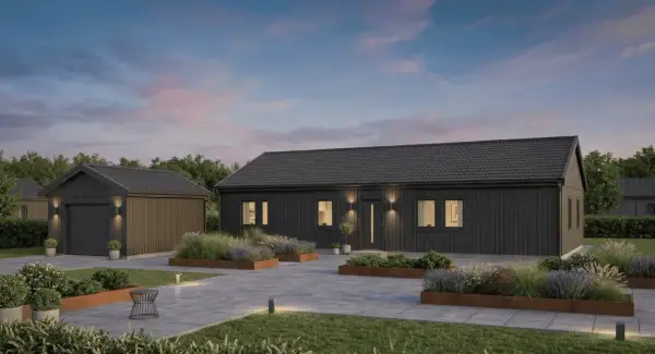 Modernt mörkt enfamiljshus med garage. Vacker trädgård med rabatter. En bra start för att planera bygga villa kostnad.