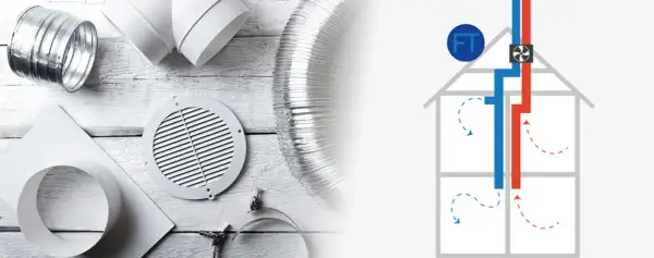 Delar för att installera frånluftsventil: ventilationsrör, ventilationsgaller och en schematisk bild av ett hus med ventilationssystem.