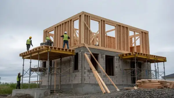 Byggare i reflexvästar arbetar på ett hus under uppbyggnad. Träkonstruktionen reses på en grund av betongblock.