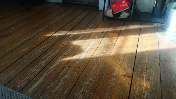 Solstrålar lyser upp ett slitet trägolv som väntar på att få slipa fernissat golv.