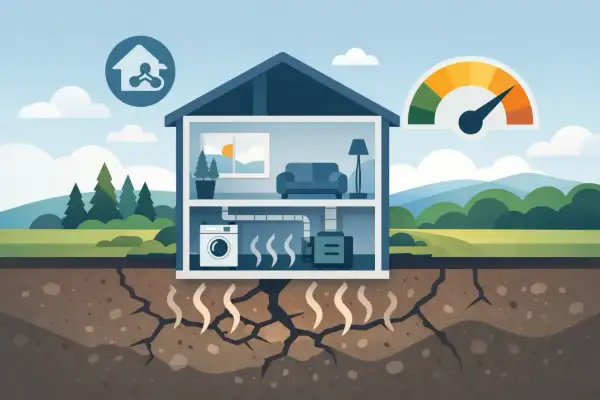 Illustration av ett hus med värmepump och tvättmaskin. Värme stiger från marken genom sprickor, vilket indikerar effektiv s ventilation.