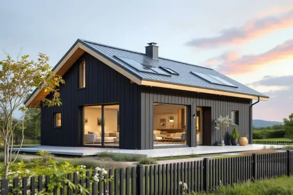 Modernt mörkt hus med stora fönster och altan. Drömmer du om att bygga hus? Undrar du vad kostar det att bygga hus per kvm?
