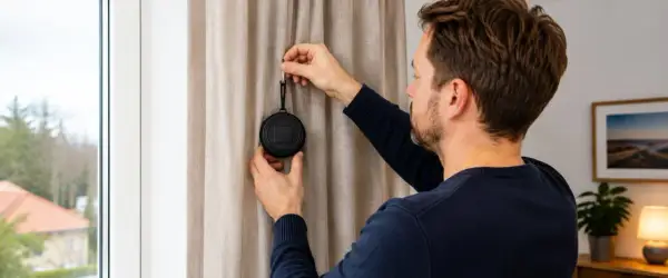 Man fäster en rund, svart enhet på en gardin. Denna enhet kan vara en del av ett smart hem-system, och dess funktion kan vara att automatisera gardinerna.