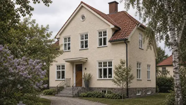Vacker sekelskifteshus fasad med tegeltak och många fönster, omgiven av lila syren och gröna träd.