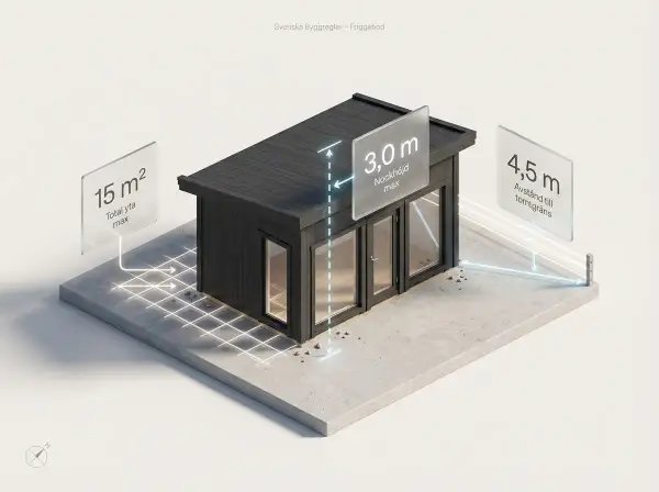 En illustration visar en friggebod med mått för att bygga ut stuga: max 15 m² total yta, 3 m nockhöjd och 4,5 m till tomtgräns.