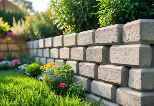 En mur av natursten som ramar in en blomstrande trädgård. Stenarna ger en stabil och vacker grund för rabatterna.