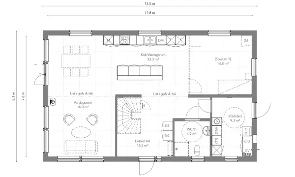 Plan i hus med kök, vardagsrum, sovrum, hall, WC/D och klädvård. Mått angivna.