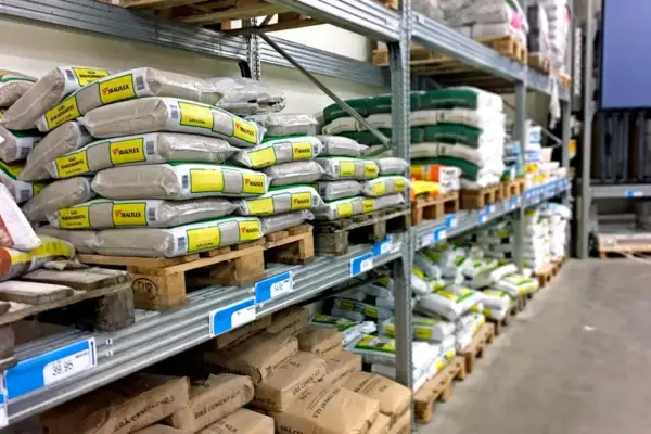 Stora lagerhyllor fyllda med säckar av byggmaterial, som bruk och cement, från kc bruk.