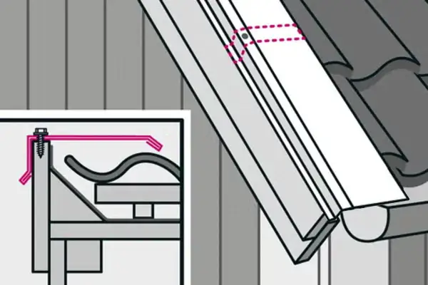 Detaljerad illustration visar hur man byter vindskivor. En närbild visar fästmetoden med skruv och en rosa linje som markerar monteringen.